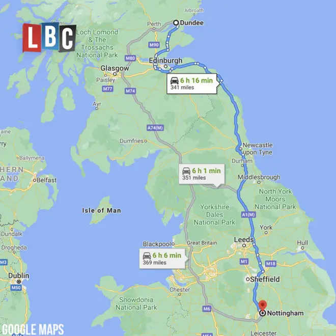 The 341 mile journey from Nottingham to Dundee