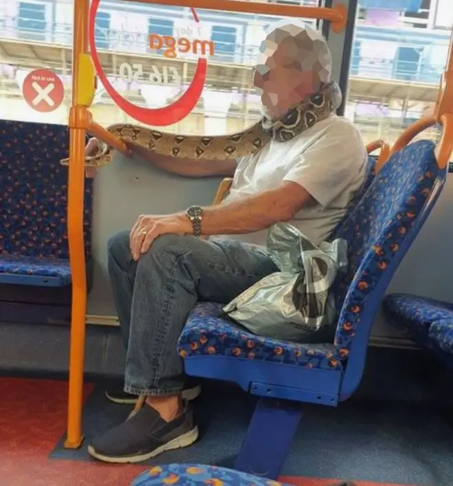 The man was pictured with the reptile on board a bus