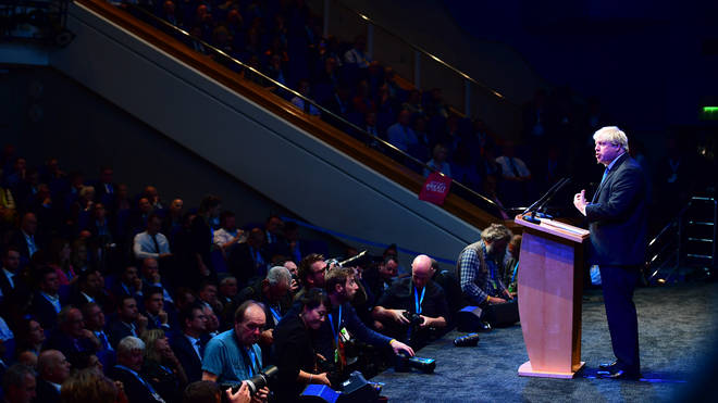 Boris Johnson delivering his speech at the Conservative Party Conference in Birmingham