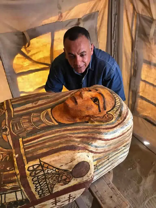 One of more than two dozen ancient coffins unearthed near the famed Step Pyramid of Djoser in Saqqara, south of Cairo, Egypt (Ministry of Tourism and Antiquities/AP)