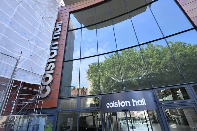 Scaffolding outside Bristol music venue Colston Hall for the removal of the name of 17th century merchant Edward Colston