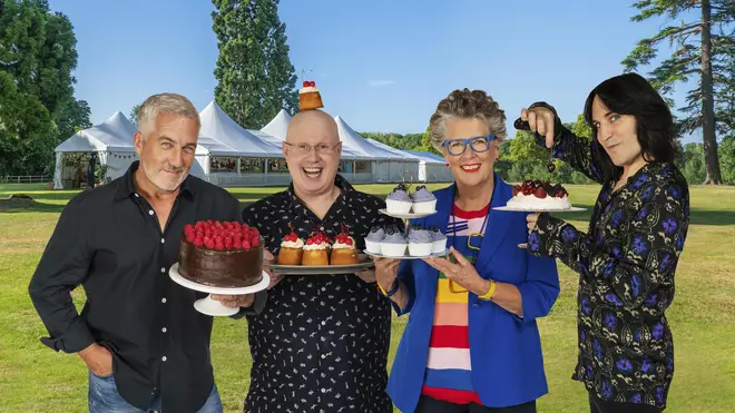 From left to right: Paul Hollywood, Matt Lucas, Prue Leith and Noel Fielding