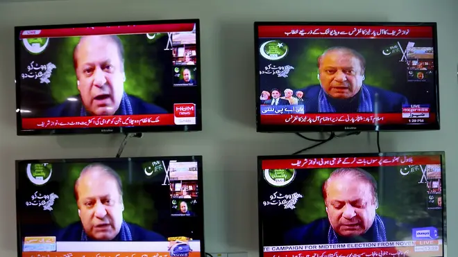 Pakistani news channels show former prime minister Nawaz Sharif's speech