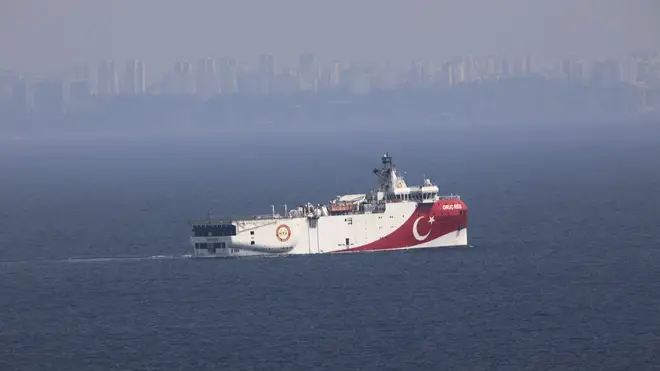 Turkey’s research vessel, Oruc Reis, anchored off the coast of Antalya in the Mediterranean