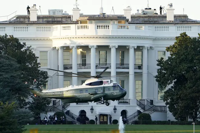 Marine One departs the White House with Donald Trump on board