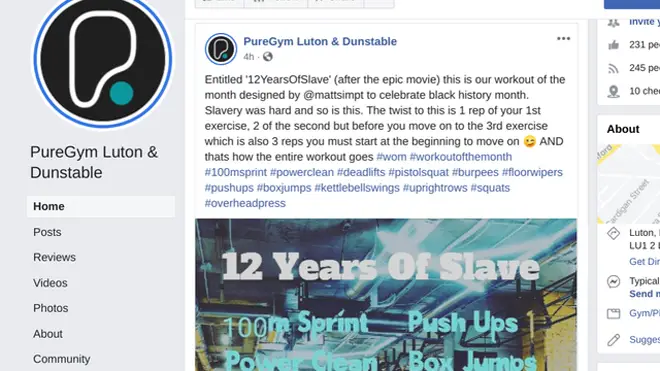 Puregym Luton advertised a '12 years of slave' workout for Black History Month