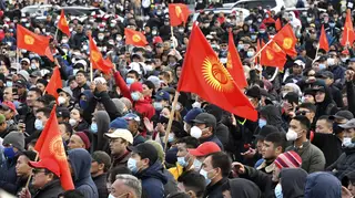 People protest during a rally on the central square in Bishkek, Kyrgyzstan (Vladimir Voronin/AP)
