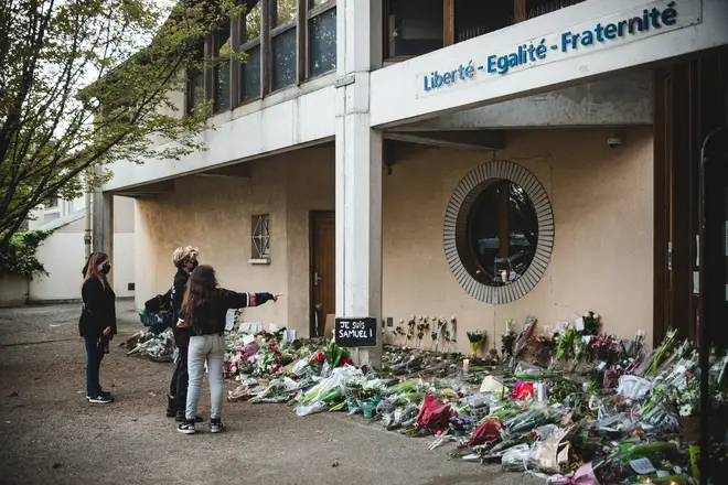 Flowers were laid at the school where Samuel Paty was killed