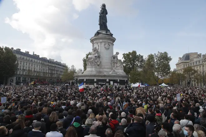 People gather on Republique square during the demonstration