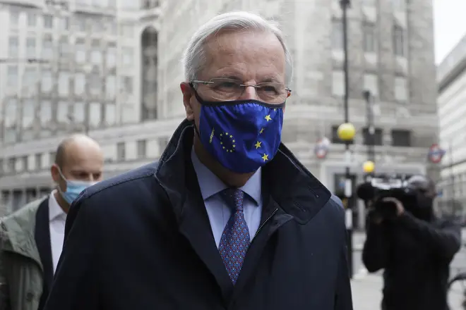 EU Chief negotiator Michel Barnier walks to a meeting in London on Friday