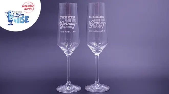 Buy a pair of limited edition ‘Cheers from the Groovy Gang’ Prosecco glasses
