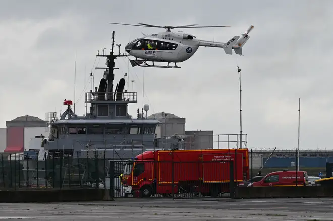 A French urgent medical aid service helicopter landing at Dunkirk port