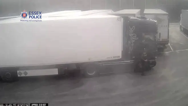 Screengrab taken from CCTV dated 22/10/19 issued by Essex Police showing Eamonn Harrison driving his lorry and trailer into truck stop in Belgium