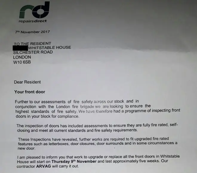 The letter showing the council are replacing doors in the tower next to Grenfell