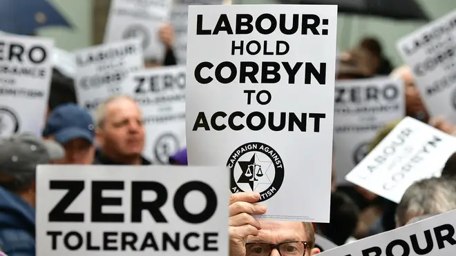 Protesters during the demonstration organised by the Campaign Against Antisemitism outside the Labour Party headquarters