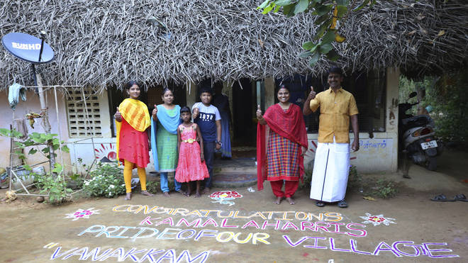 A Kolam, a traditional art work using coloured powder, congratulating US Vice President-elect Kamala Harris in the hometown of Harris’ maternal grandfather, in Thulasendrapuram