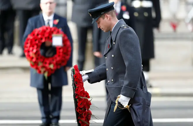 Prince of Wales lay a wreath at the Cenotaph on behalf of the Queen.