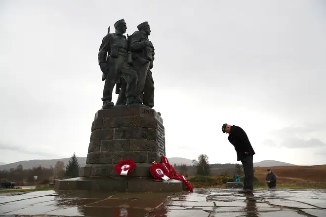 A small number of serving and former Royal Marine Commandos at the Commando Memorial at Spean Bridge, near Fort William, for the annual Remembrance Sunday ceremony.