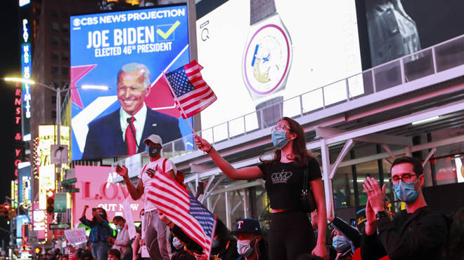 Biden supporters celebrate Biden's win in Time Square