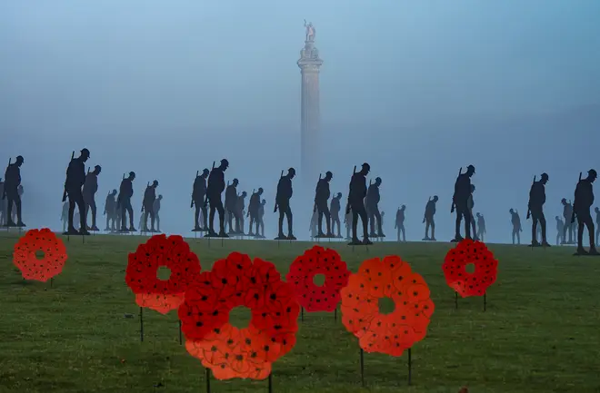 200 life-size Armistice Day soldier silhouette figures and 75 poppy wreaths are on display in memory of The Unknown Soldier for The Royal British Legion.