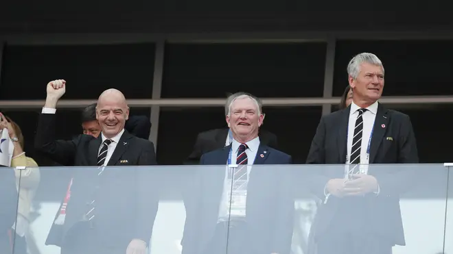 FIFA president Gianni Infantino, Greg Clarke and Martin Edwards during the FIFA World Cup 2018