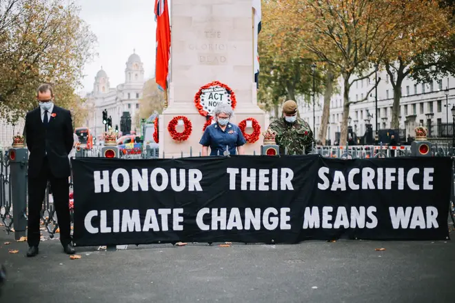 Extinction Rebellion have put a climate change banner on the Cenotaph on Remembrance Day