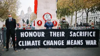 Extinction Rebellion have put a climate change barrier on the Cenotaph on Remembrance Day