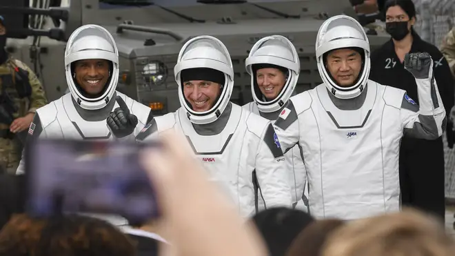 (Left to right) Astronauts Victor Glover, Michael Hopkins, Shannon Walker and Soichi Noguchi