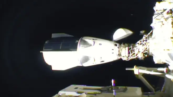 The SpaceX Dragon is seen after docking at the International Space Station