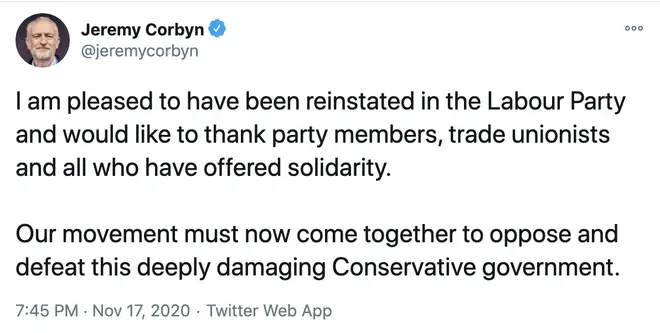 Jeremy Corbyn tweeted after he was reinstated