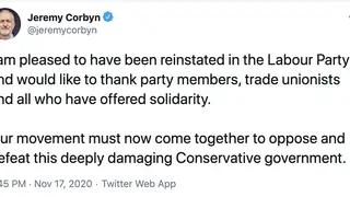 Jeremy Corbyn tweeted after he was reinstated