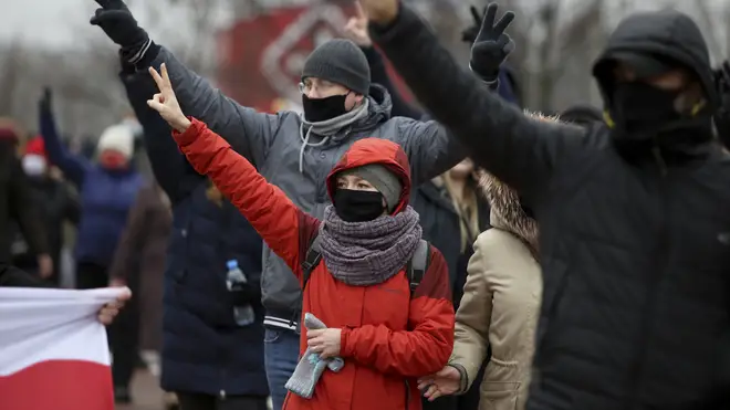 Demonstrators wearing face masks during an opposition rally in Minsk