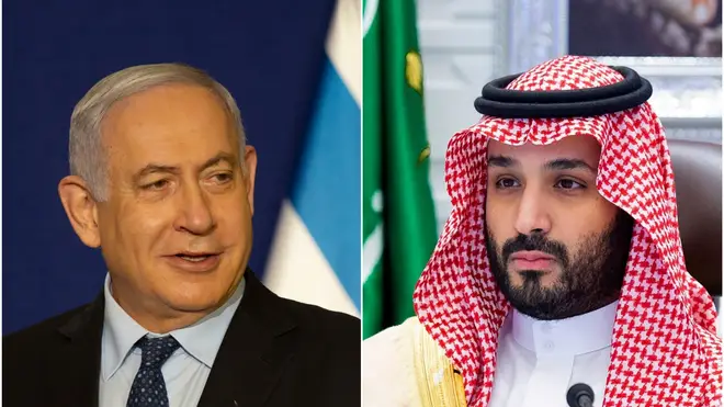 Benjamin Netanyahu and Mohammed bin Salman (Maya Alleruzzo/Bandar Alahrouf/AP)