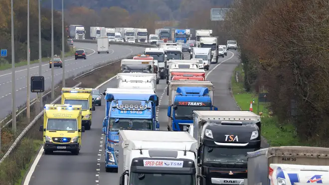 Large queues formed on the M20 in Kent as Brexit border controls were tested on Tuesday