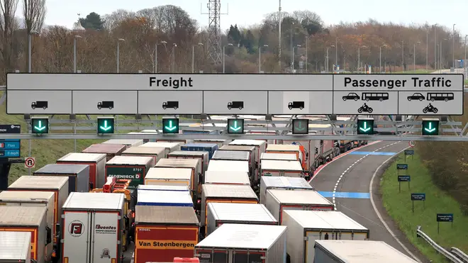 Lorries queued up in Kent as documents were checked by French officials for Brexit tests