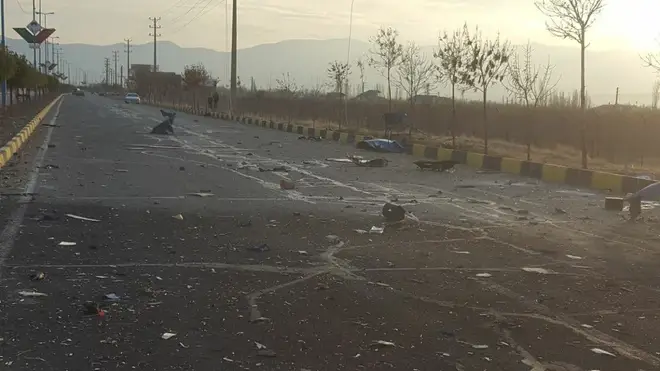 Debris after top Iranian nuclear scientist Mohsen Fakhrizadeh Mahabadi, 62, ambushed while traveling on a rural road.