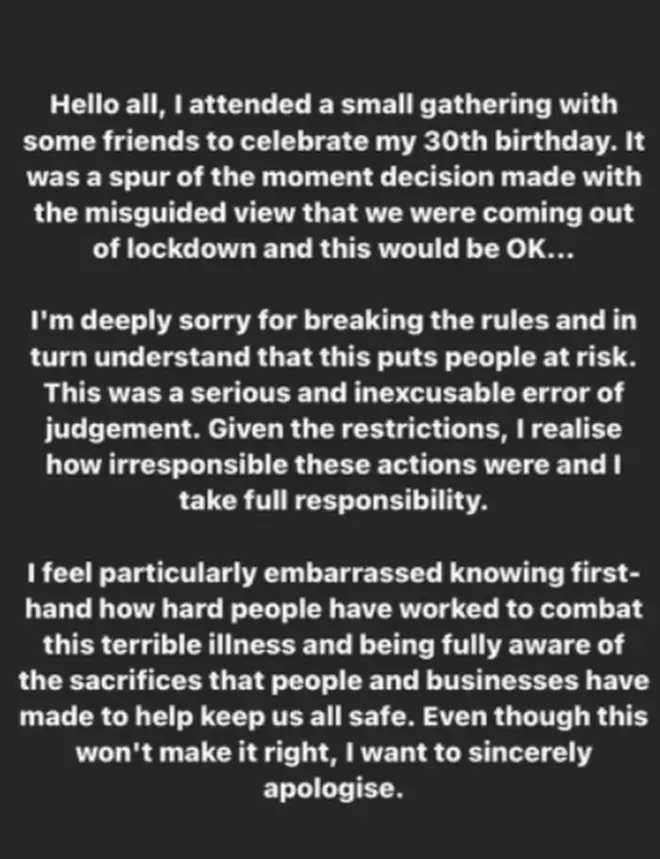 Rita Ora posted an apology to her Instagram