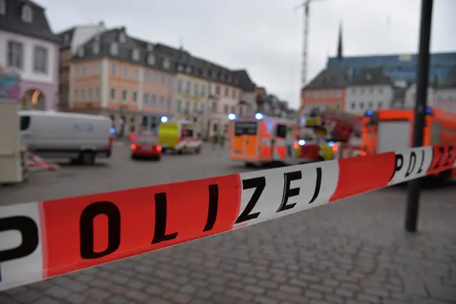 A square is blocked by the police in Trier, Germany