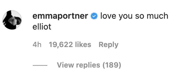 Page's wife Emma Portner posted her support of Elliot on his Instagram post