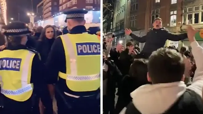 Police positioned themselves outside Harrods (left), while large crowds danced in Nottingham city centre (right).