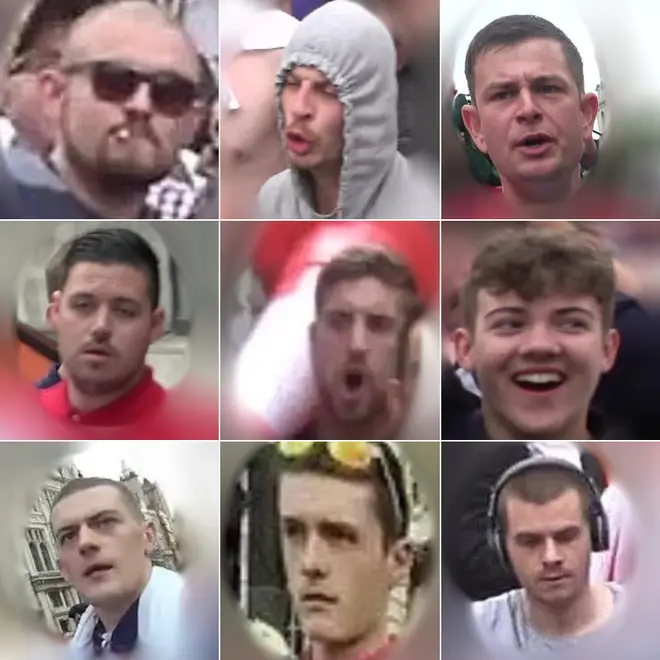 Some of the men police are hunting after violence broke out at a Free Tommy Robinson protest