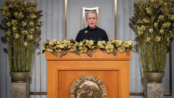 Nobel Committee chairwoman Berit Reiss-Andersen makes a statement at the Nobel Institute as part of the digital award ceremony for this year’s Peace Prize