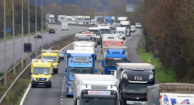 Lorries queued on the M20 on 24 November after the French authorities tested post-Brexit border controls.