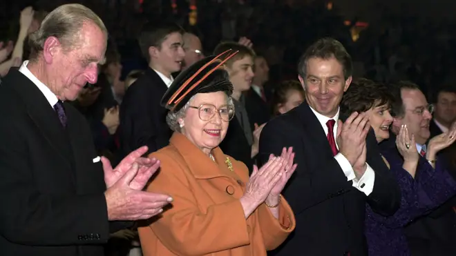 The Queen, the Duke of Edinburgh and the then Prime Minister Tony Blair at the opening ceremony of the Millennium Dome in Greenwich