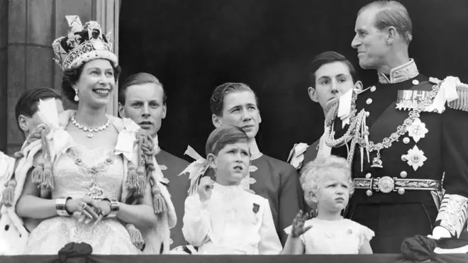 Queen Elizabeth II, the Prince of Wales, the Princess Royal and the Duke of Edinburgh after the Queen's coronation in 1953