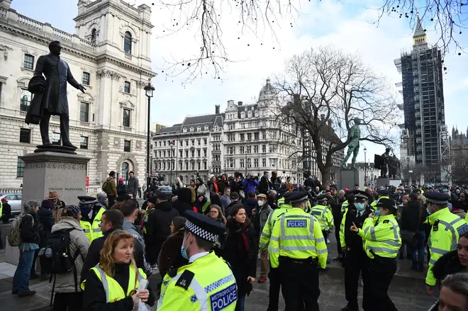 Demonstrators gathered at Parliament Square in central London before marching down Whitehall.