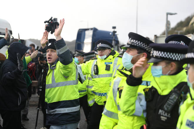 Lorry drivers clashed with police earlier amid warnings the backlog could take days to clear