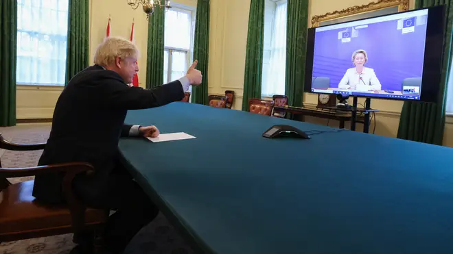 Boris Johnson speaks with Ursula Von Der Leyen after the last round of trade talks on Christmas Eve