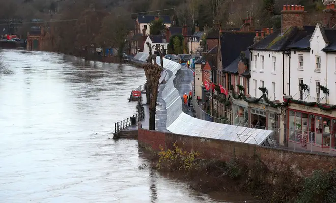 Flood defences were installed in Ironbridge, Shropshire, ahead of Storm Bella.