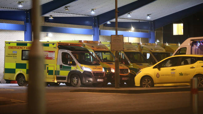 Ambulances queuing up outside Queen's Hospital in Romford, London
